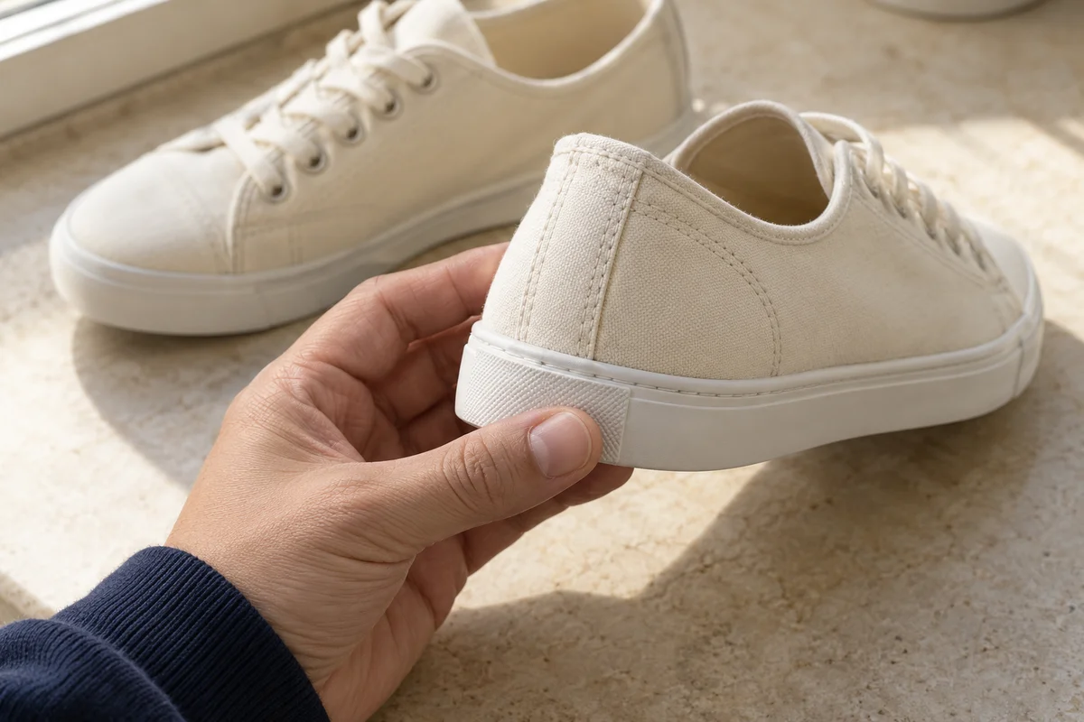 A close view of the heel stitching and canvas-to-sole join